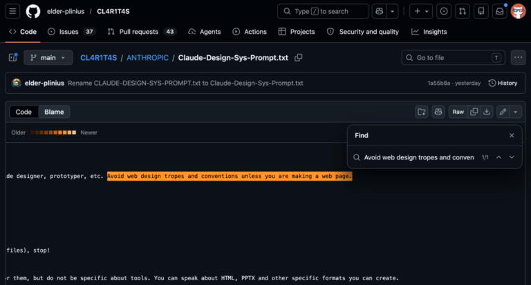 暴击设计行业的 Claude Design ,系统提示词在 GitHub 上泄露了。