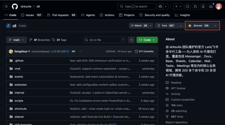 GitHub 上狂揽 1 万 Star！这个飞书命令行 CLI 开源项目起飞了。