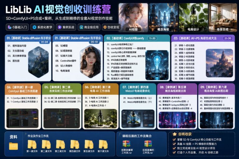 LibLIb AI视觉创收训练营:SD+ComfyUI+PS合成+案例,从生成到精修的全套AI视觉创作技能