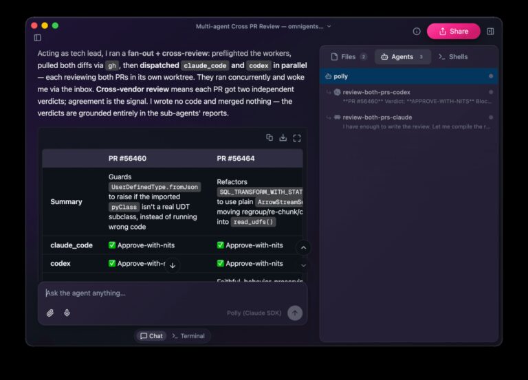 Omnigent web UI showing Debby coordinating parallel agents to compare Montreal and New York bagels.