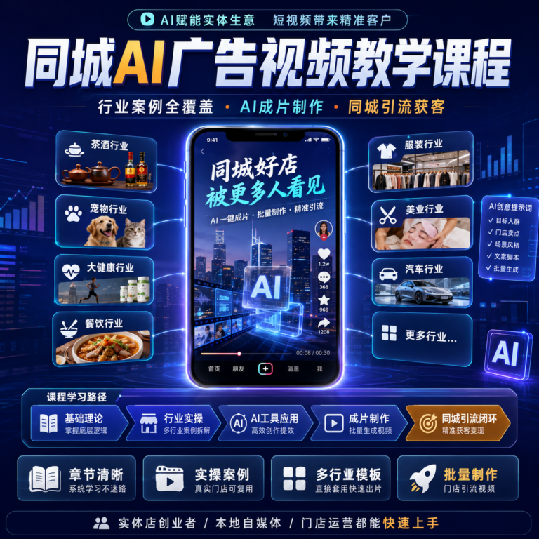 同城AI广告视频教学课程,从基础理论、分行业广告脚本、AI成片制作到同城引流闭环一站式讲透