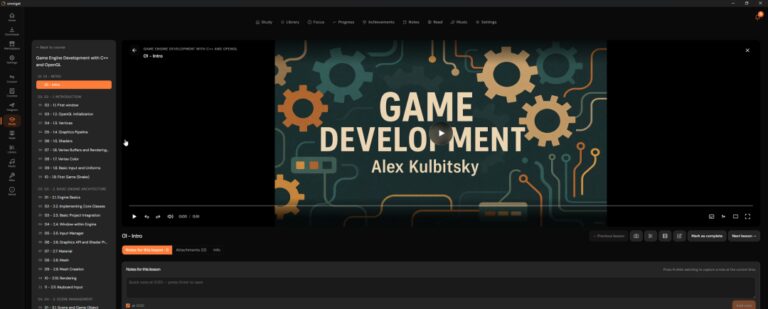 OmniGet course player with timestamped notes and PDF attachments