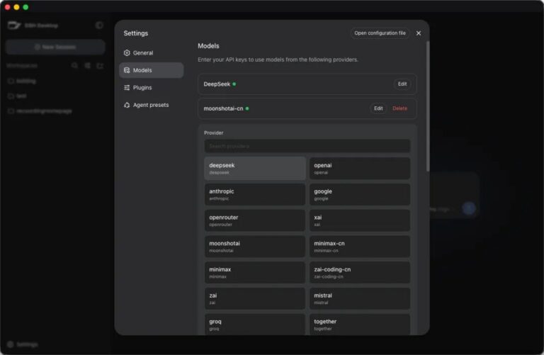 DSH Desktop model provider settings