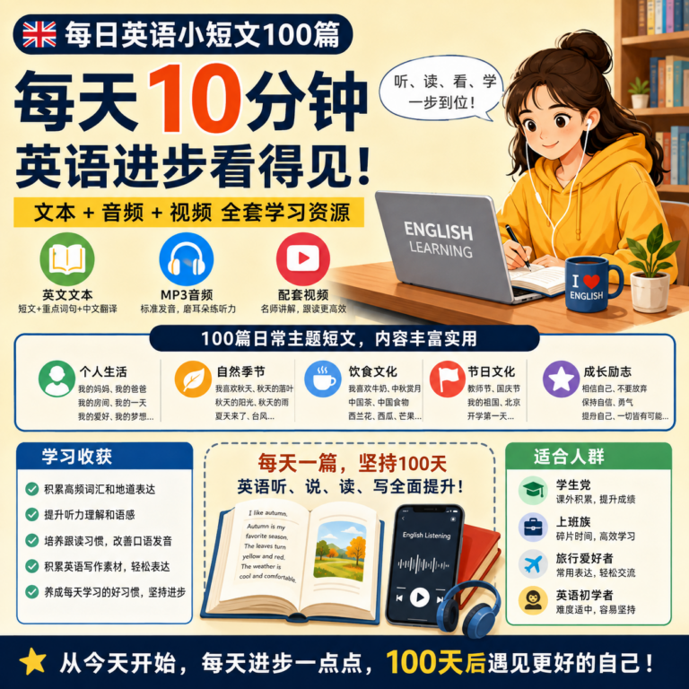 《每日英语小短文100篇》附带文本+音频+视频