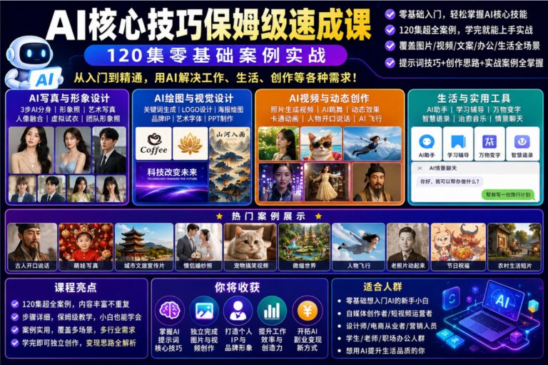 AI核心技巧保姆级速成课,120集零基础案例实战
