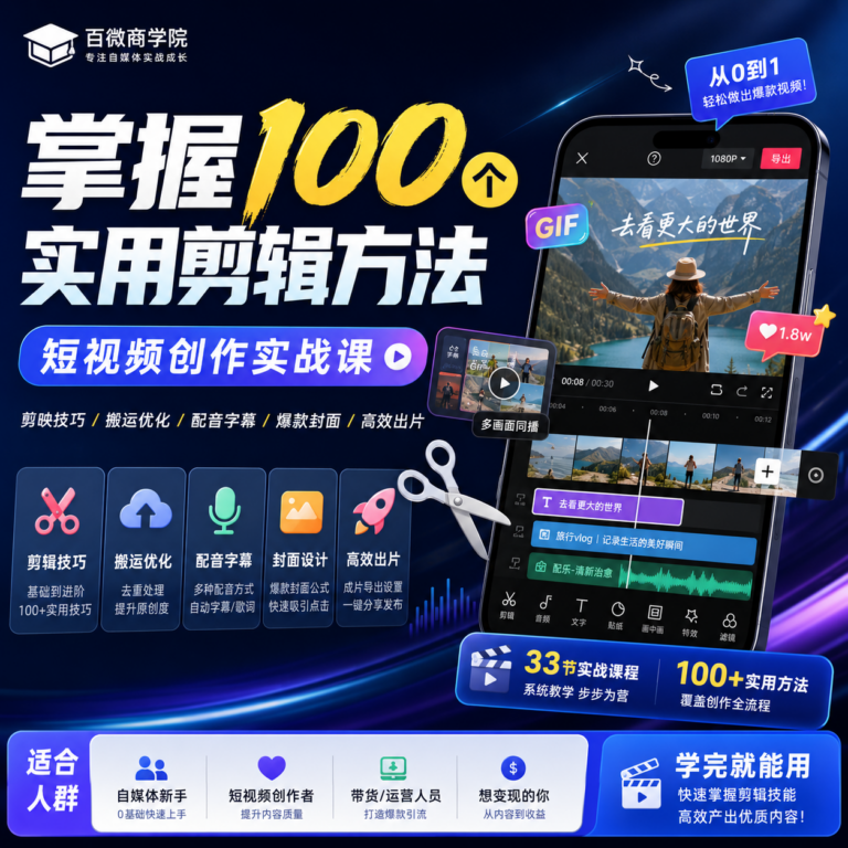 百微商学院·掌握100个实用剪辑方法,让你的视频加速热门