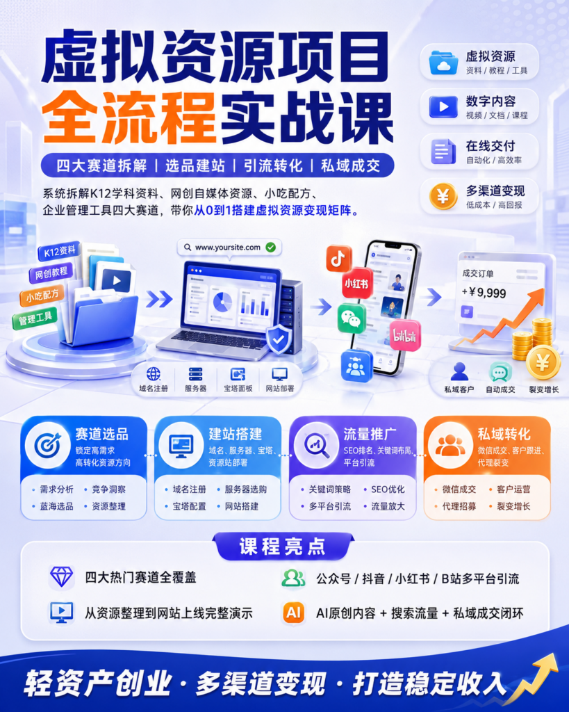 虚拟资源多赛道变现实战,零基础搭建变现矩阵