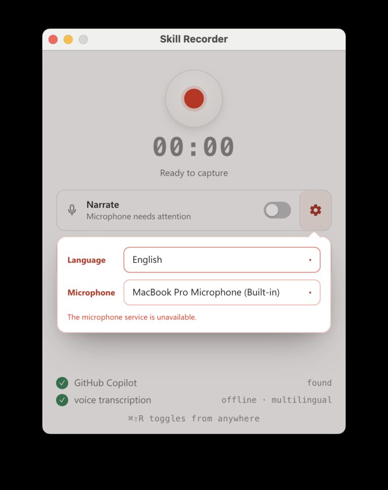 Skill Recorder capture window: a record button, timer, an optional narration toggle with language and microphone settings, and readiness checks