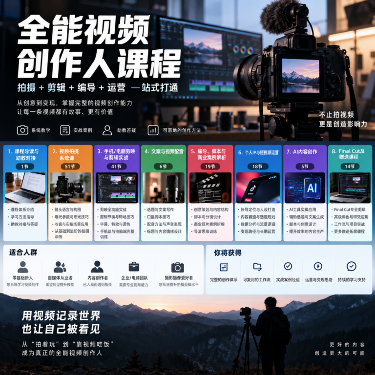 🎥 【自媒体】全能视频创作人课程,拍摄+剪辑+编导+运营—站式打通