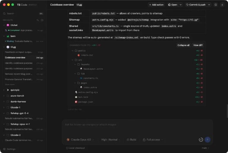 T3 Code app showing multiple coding agent threads in one workspace