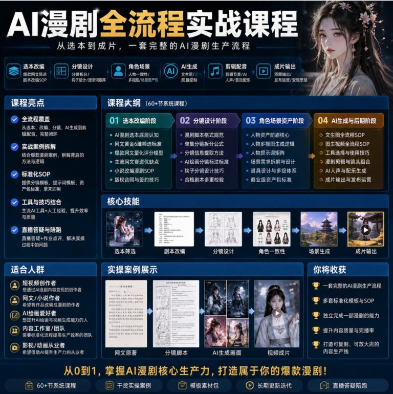 AI漫剧从0到1的工业化实战,覆盖“选本改编—美术资产—视频生成—后期剪辑”课程