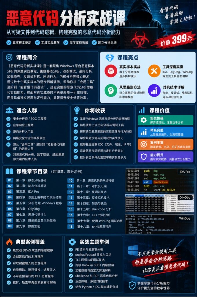 恶意代码分析实战课 ，价值399元