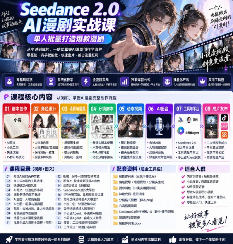 Seedance 2.0 AI漫剧实战课,单人批量打造爆款漫剧