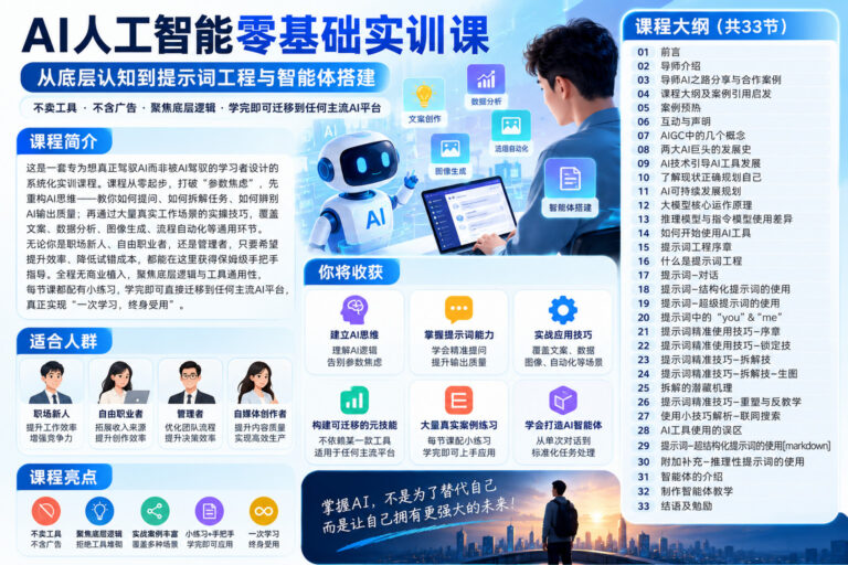 AI思维+AI技巧实训课,全方位、多角度、无广告、不卖工具,从0开始的保姆级AI工具通用使用教学