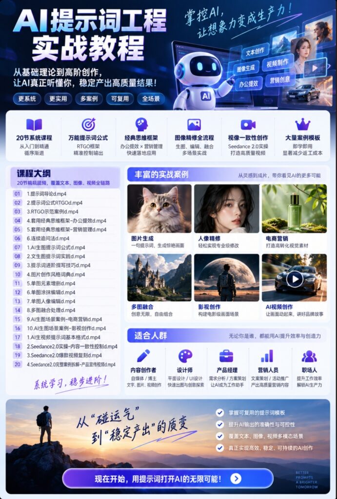 AI提示词工程实战教程,从基础理论、万能公式、思维框架到图像精修、视频一致性创作,全方位提升AI输出质量与创作效率