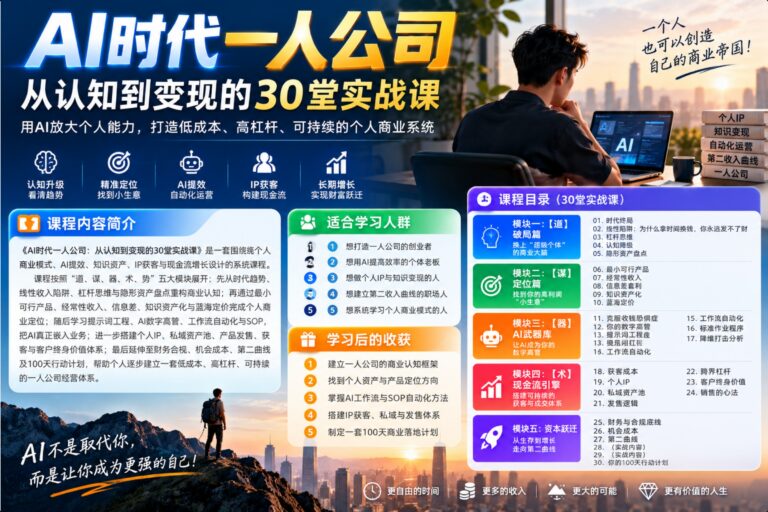 AI时代一人公司30堂实战课:从商业认知+产品定位+AI工作流到个人IP、私域获客与变现全流程