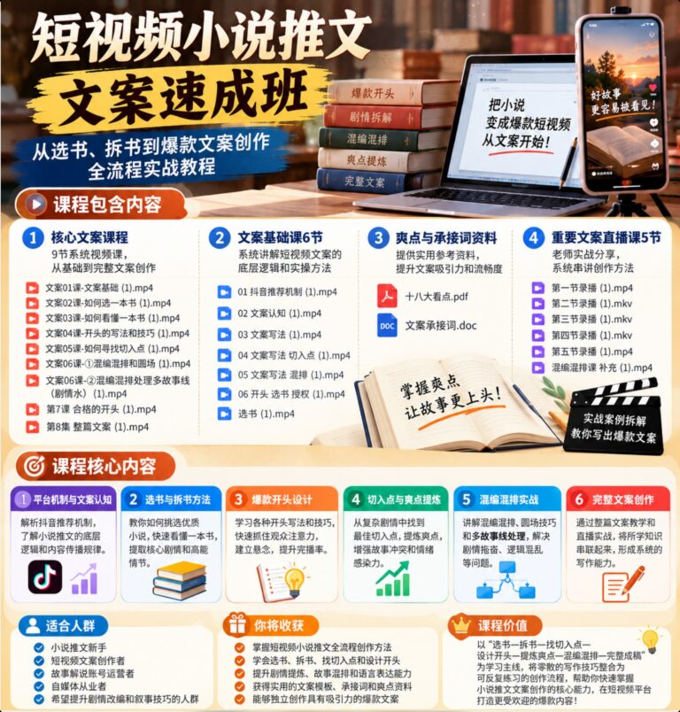 抖音80万粉丝博主沙雕动画文案8天速成班 ,助力账号快速破圈增长